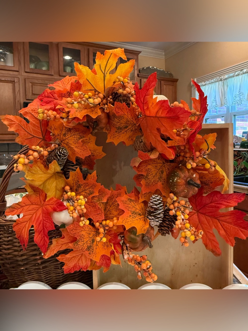 Autumn Leaves Grapevine Wreath, Pumpkins, Berries, Pine Cones Falling Wreath 14”